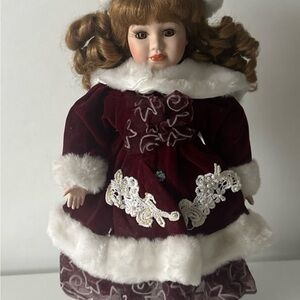 Elegant Burgundy 90s Porcelain Doll